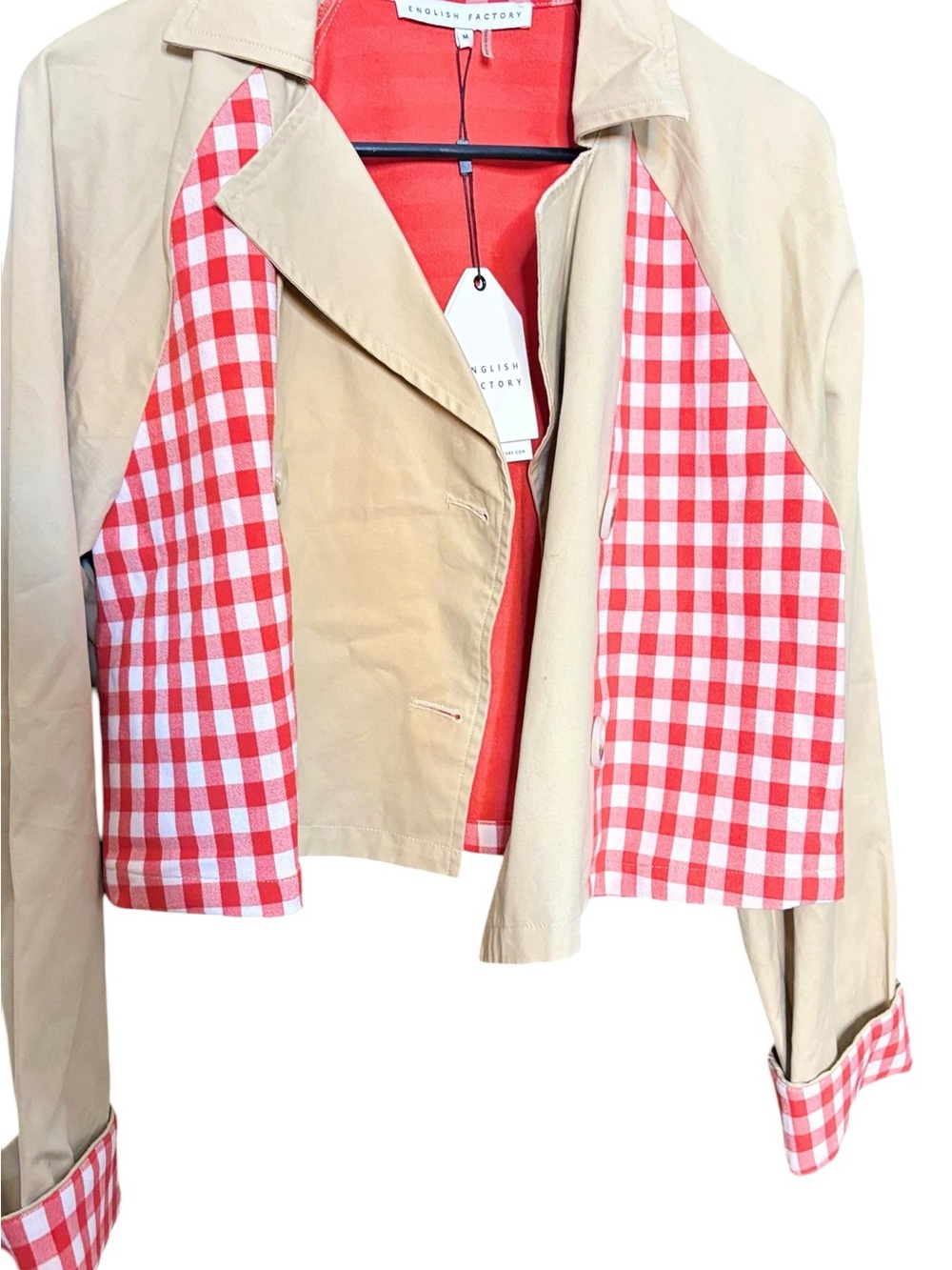 English Factory Beige Cropped Trench with Red Gingham Trim sz M - Picture 16 of 16